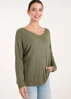 Blue Vanilla Khaki V-Neck Ribbed Jumper