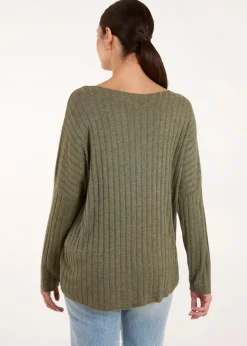 Blue Vanilla Khaki V-Neck Ribbed Jumper