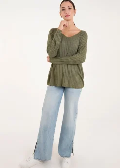 Blue Vanilla Khaki V-Neck Ribbed Jumper