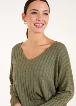 Blue Vanilla Khaki V-Neck Ribbed Jumper