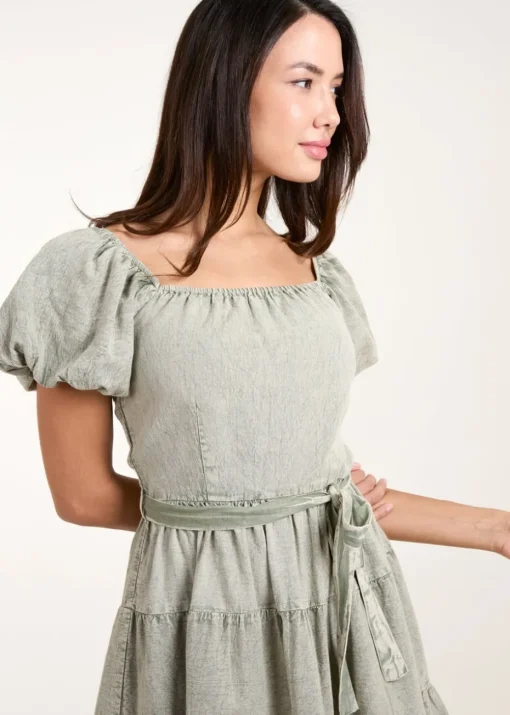 Blue Vanilla Khaki Washed Puff Sleeve Mini Dress