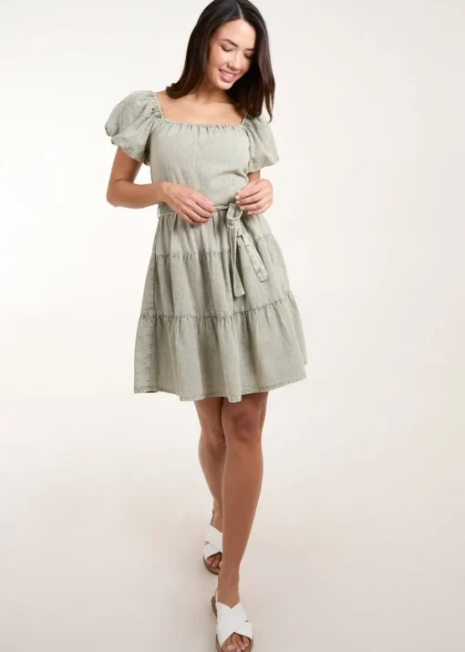 Blue Vanilla Khaki Washed Puff Sleeve Mini Dress