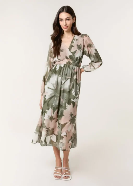 Blue Vanilla Khaki Wrap Front Dress With Ring Detail