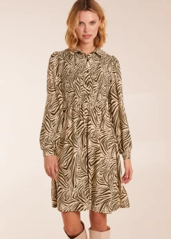 Blue Vanilla Khaki Zebra Shirred Long Sleeve Mini Shirt Dress