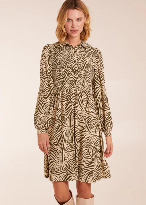 Blue Vanilla Khaki Zebra Shirred Long Sleeve Mini Shirt Dress