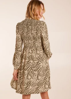 Blue Vanilla Khaki Zebra Shirred Long Sleeve Mini Shirt Dress