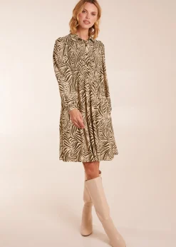 Blue Vanilla Khaki Zebra Shirred Long Sleeve Mini Shirt Dress