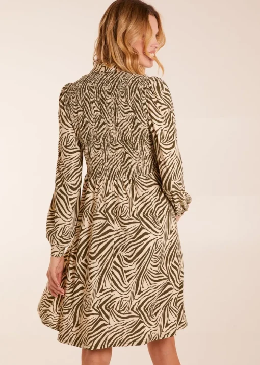 Blue Vanilla Khaki Zebra Shirred Long Sleeve Mini Shirt Dress