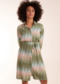 Blue Vanilla Khaki Zig Zag Print Shirt Dress