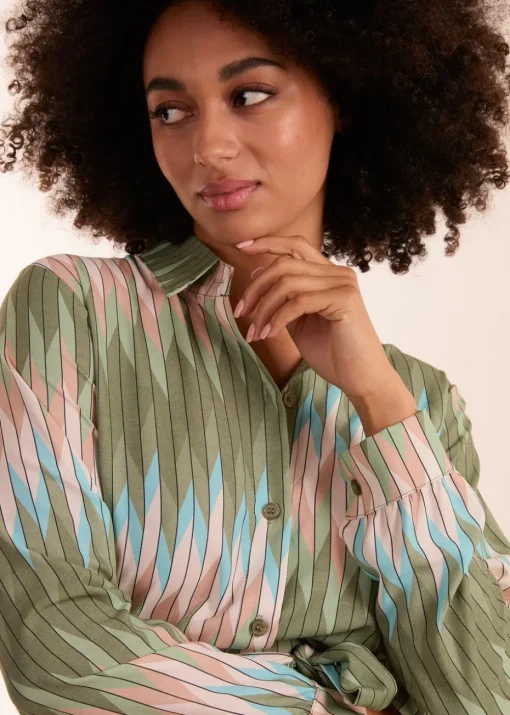 Blue Vanilla Khaki Zig Zag Print Shirt Dress