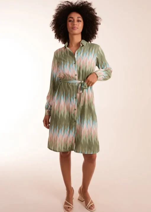 Blue Vanilla Khaki Zig Zag Print Shirt Dress