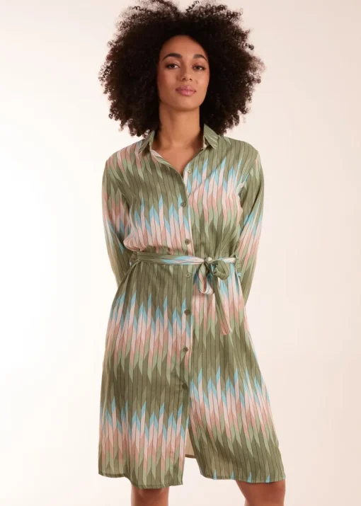 Blue Vanilla Khaki Zig Zag Print Shirt Dress