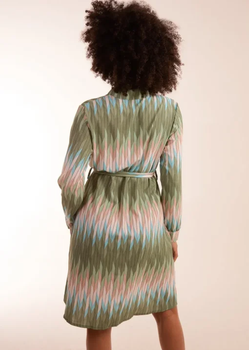 Blue Vanilla Khaki Zig Zag Print Shirt Dress