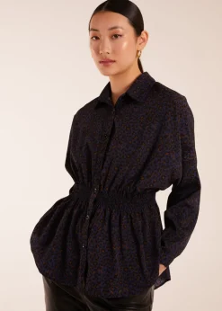 Blue Vanilla Leopard Print Shirred Waist Shirt