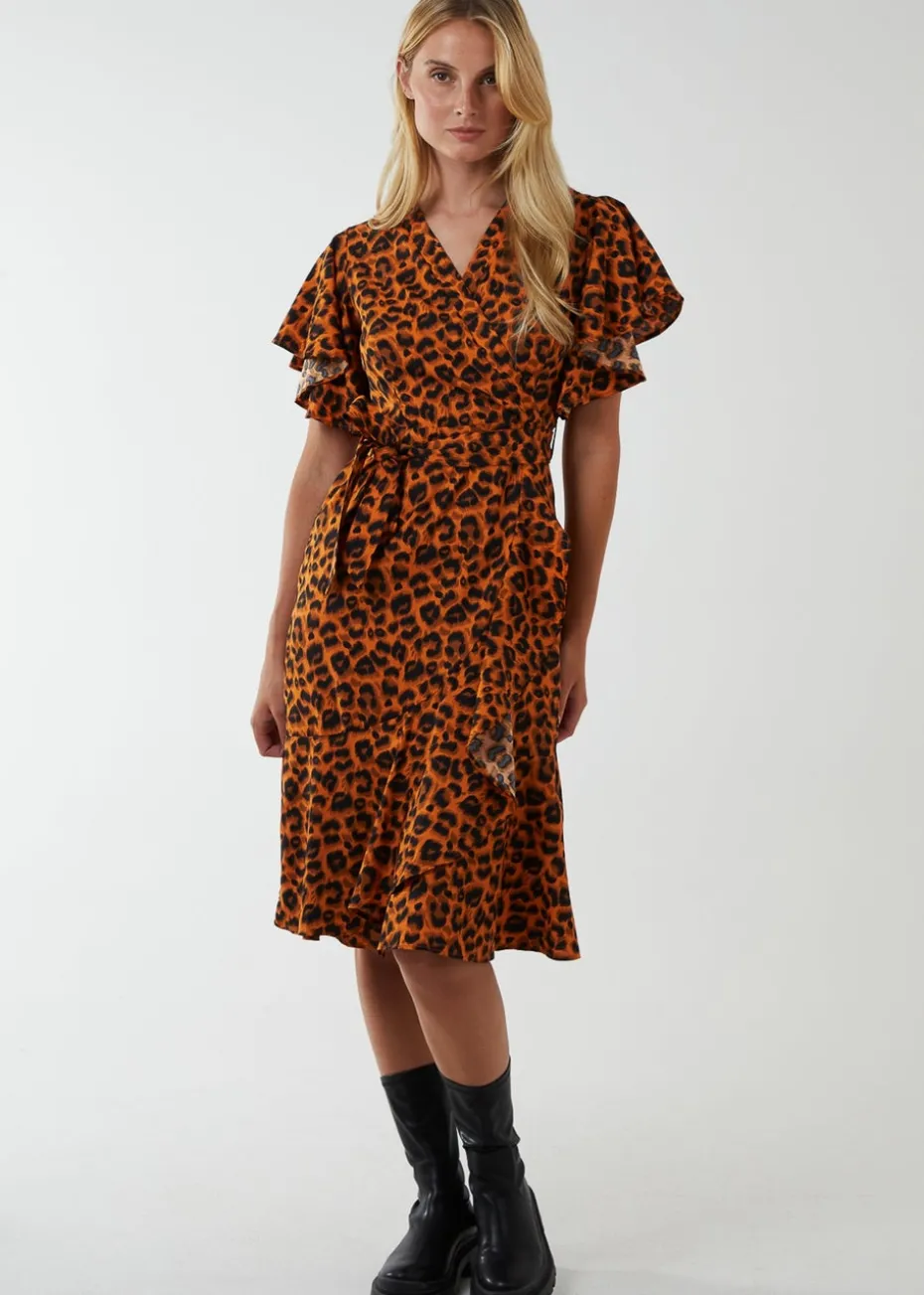 Blue Vanilla Leopard Print Wrap Ruffle Midi Dress