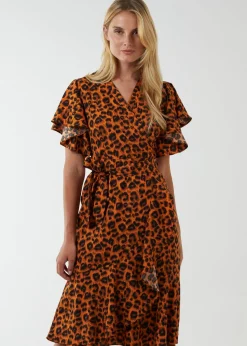 Blue Vanilla Leopard Print Wrap Ruffle Midi Dress