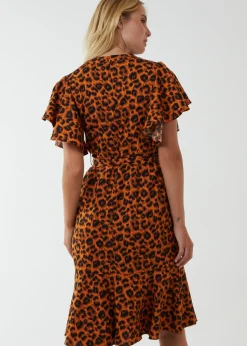 Blue Vanilla Leopard Print Wrap Ruffle Midi Dress