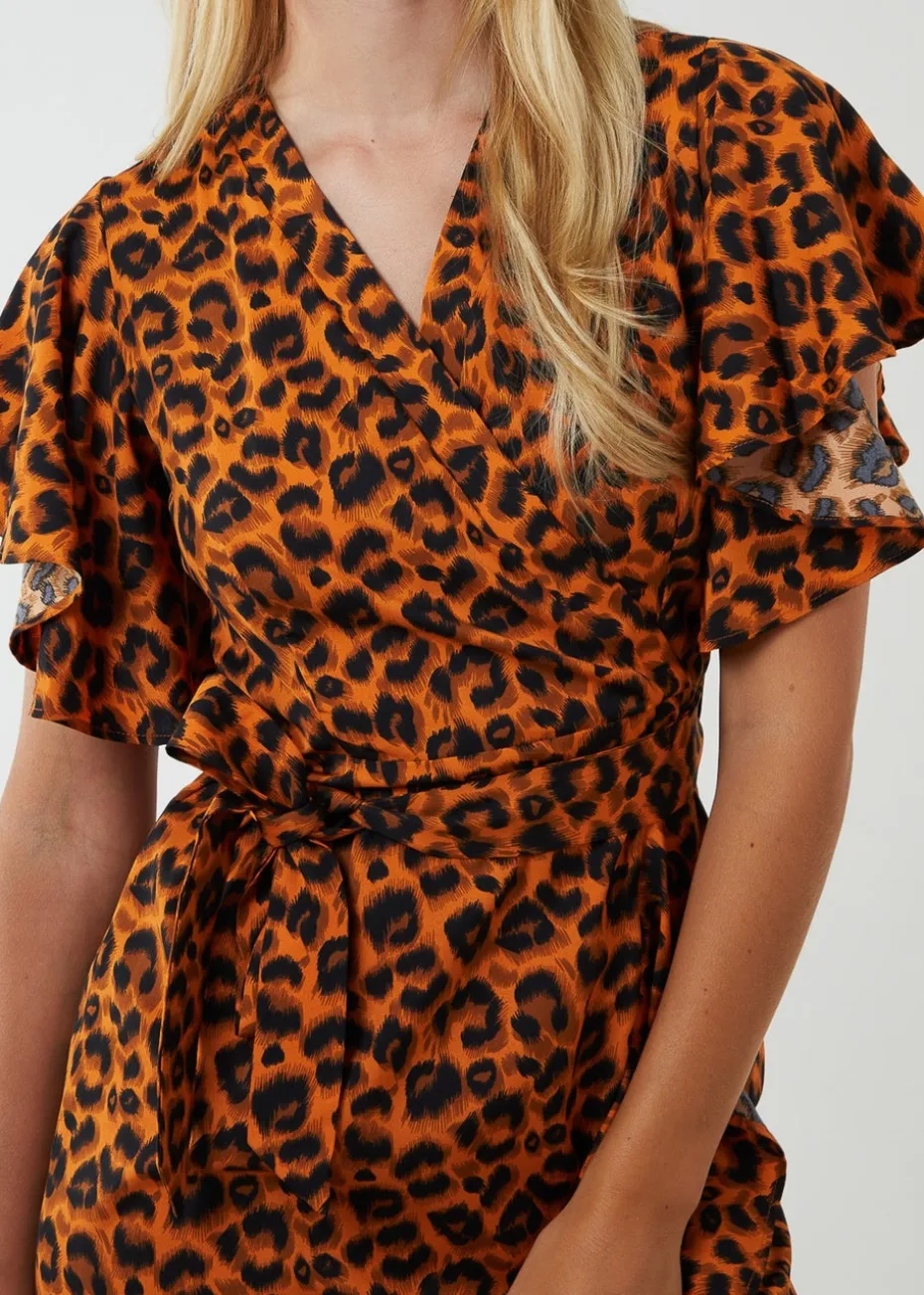 Blue Vanilla Leopard Print Wrap Ruffle Midi Dress