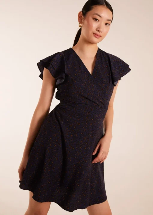 Blue Vanilla Leopard Print Wrap Ruffle Mini Dress