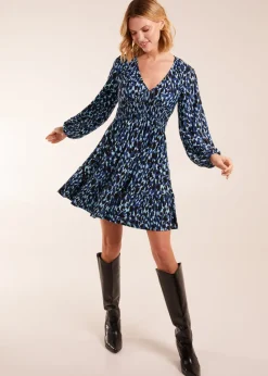 Blue Vanilla Leopard Print Shirring Elastic Sleeve Tier Mini Dress