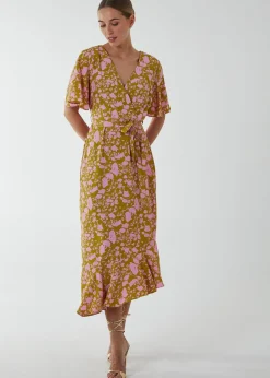 Blue Vanilla Lime Ruffle Wrap Midi Dress