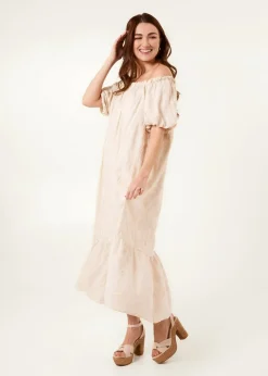 Blue Vanilla Linen Off-Shoulder Bardot Ruffle Dress