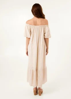 Blue Vanilla Linen Off-Shoulder Bardot Ruffle Dress