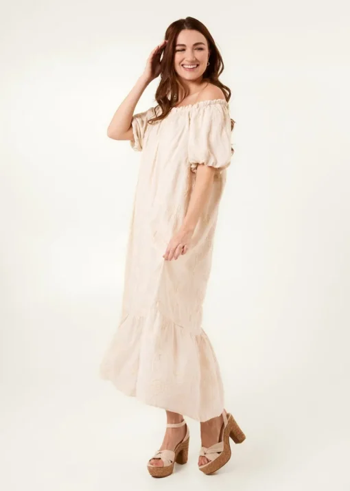 Blue Vanilla Linen Off-Shoulder Bardot Ruffle Dress