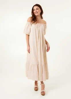 Blue Vanilla Linen Off-Shoulder Bardot Ruffle Dress