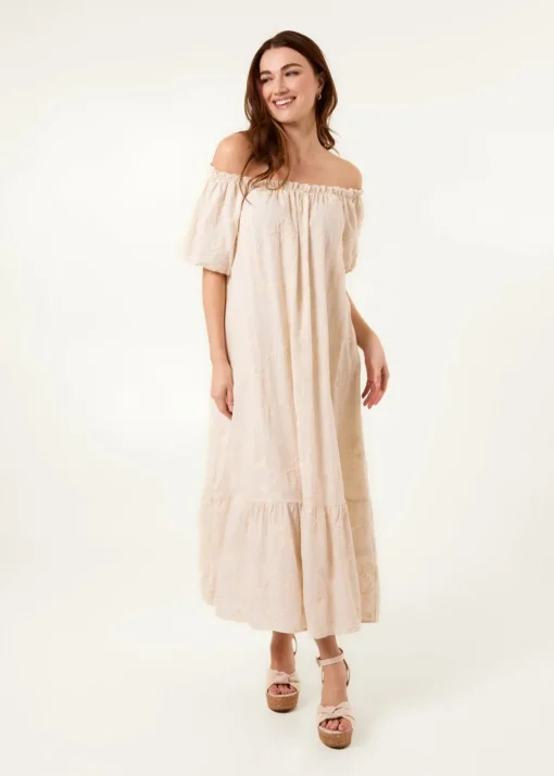 Blue Vanilla Linen Off-Shoulder Bardot Ruffle Dress