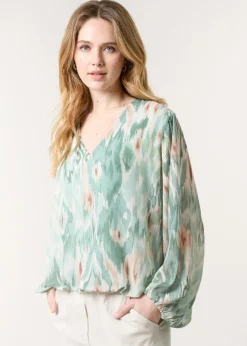 Blue Vanilla Mint V Neck Water Colour Print Blouse