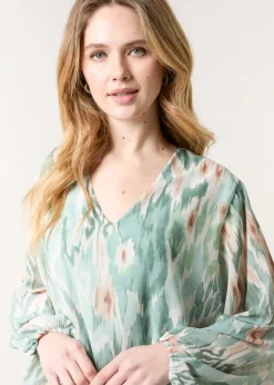 Blue Vanilla Mint V Neck Water Colour Print Blouse