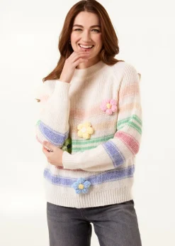 Blue Vanilla Multi Colourful 3D Flower Jumper With Stripes