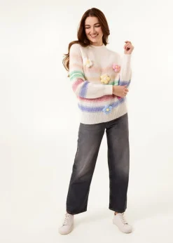 Blue Vanilla Multi Colourful 3D Flower Jumper With Stripes
