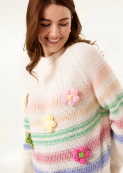 Blue Vanilla Multi Colourful 3D Flower Jumper With Stripes