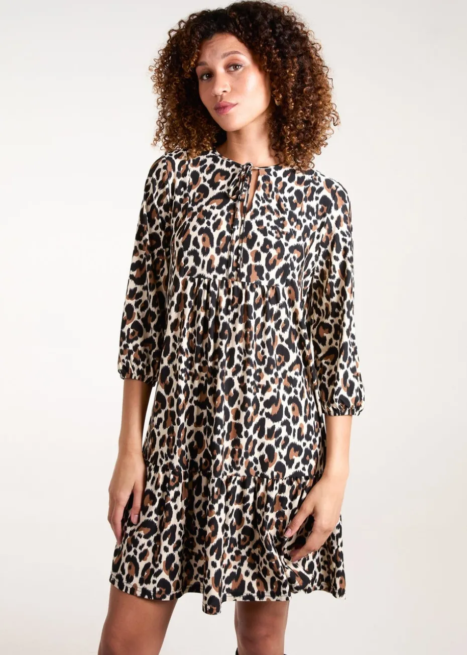 Blue Vanilla Multi Leopard Print Tie Smock Mini Dress