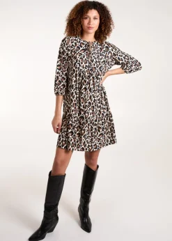 Blue Vanilla Multi Leopard Print Tie Smock Mini Dress