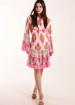 Blue Vanilla Multi Printed Long Sleeve Tie Front Smock Dress