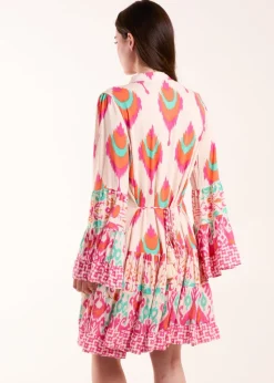 Blue Vanilla Multi Printed Long Sleeve Tie Front Smock Dress