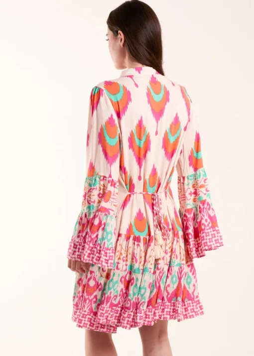 Blue Vanilla Multi Printed Long Sleeve Tie Front Smock Dress