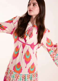 Blue Vanilla Multi Printed Long Sleeve Tie Front Smock Dress