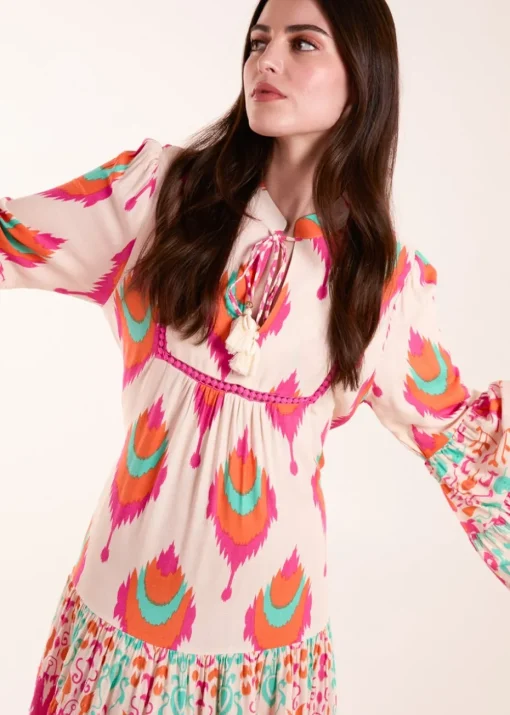 Blue Vanilla Multi Printed Long Sleeve Tie Front Smock Dress
