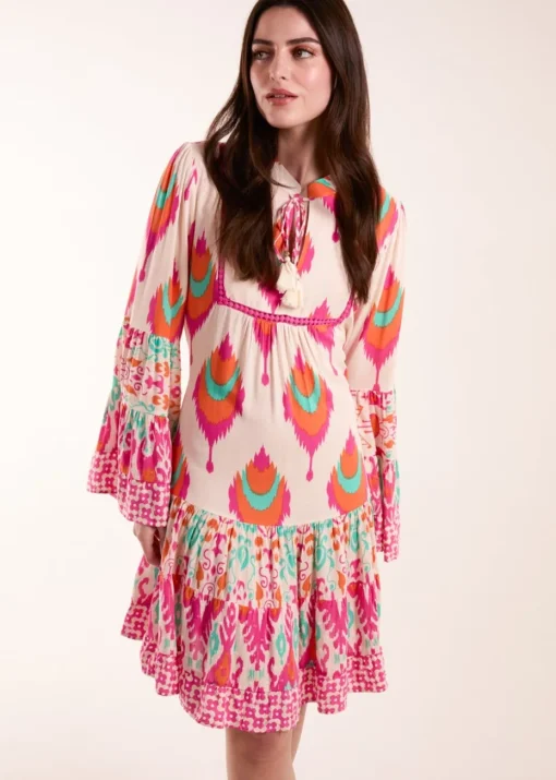 Blue Vanilla Multi Printed Long Sleeve Tie Front Smock Dress
