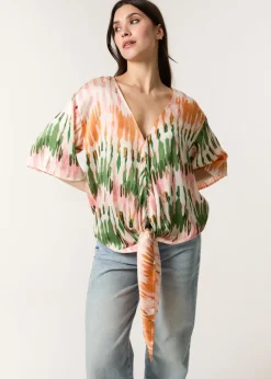Blue Vanilla Multi Satin Tie Front Blouse