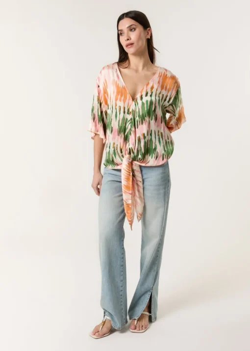 Blue Vanilla Multi Satin Tie Front Blouse