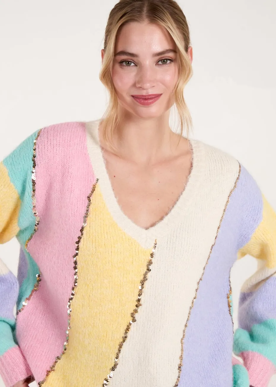 Blue Vanilla Multi Stripe Sequin Detailed Jumper