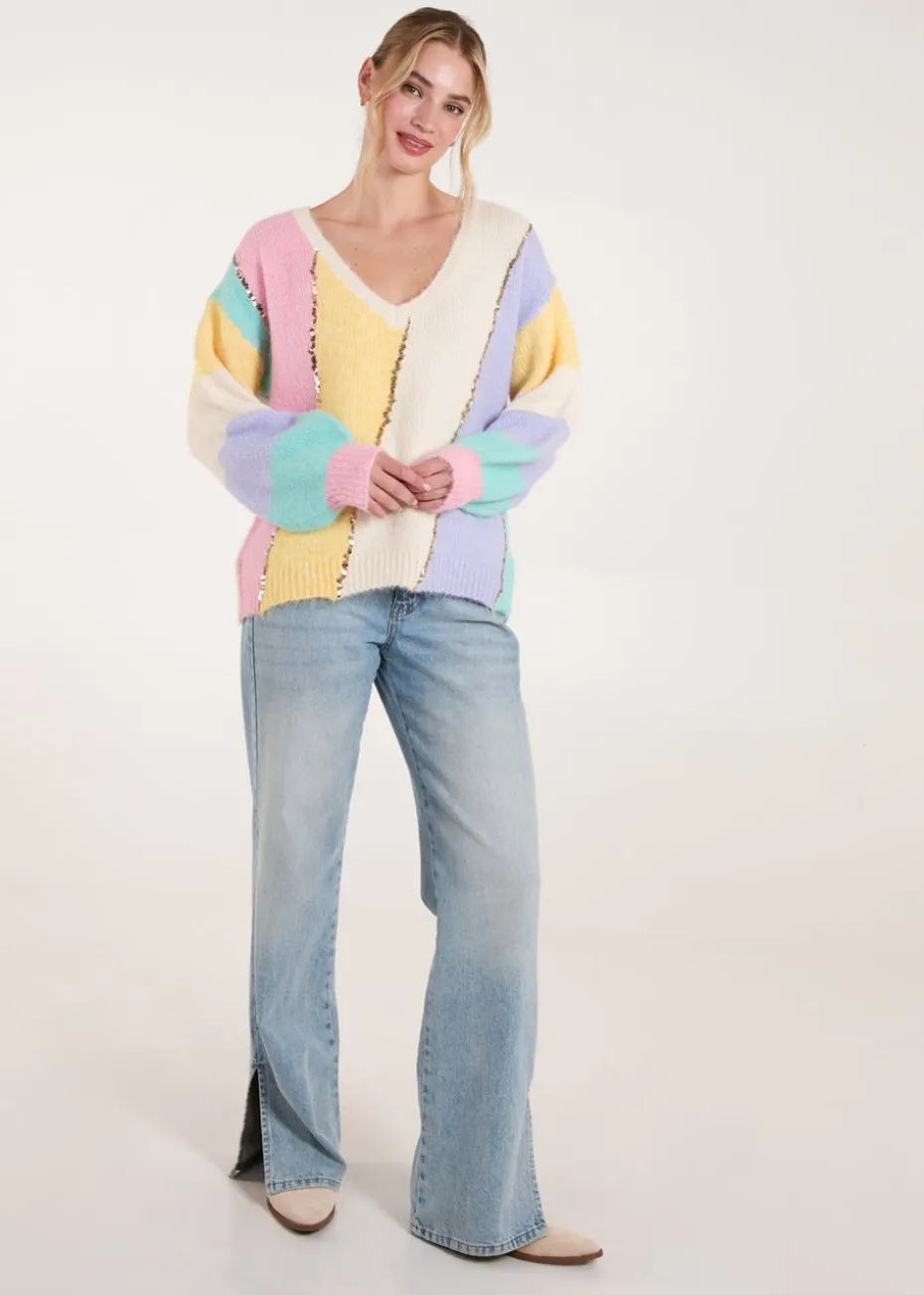 Blue Vanilla Multi Stripe Sequin Detailed Jumper