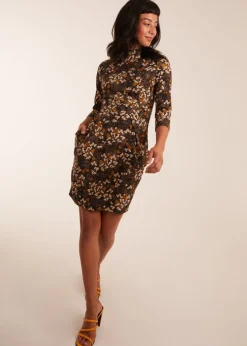 Blue Vanilla Mustard High Neck 3/4 Sleeve Dress With Belt