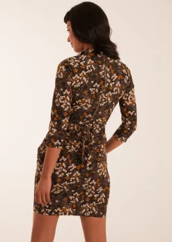 Blue Vanilla Mustard High Neck 3/4 Sleeve Dress With Belt