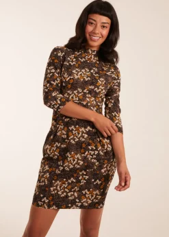 Blue Vanilla Mustard High Neck 3/4 Sleeve Dress With Belt